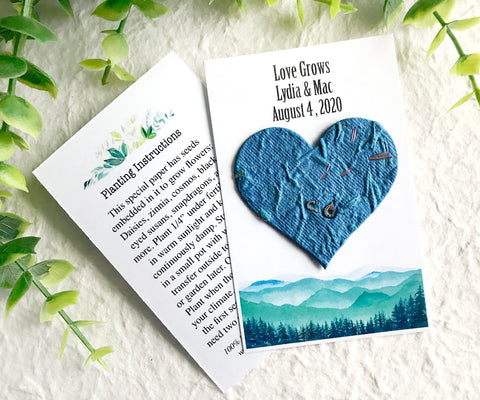 Mountain Lake Wedding Favors with Flower Seed Paper Blooming Heart Personalized Cards