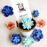 hello spring seed paper flowers teal coral and royal blue with white tin pail
