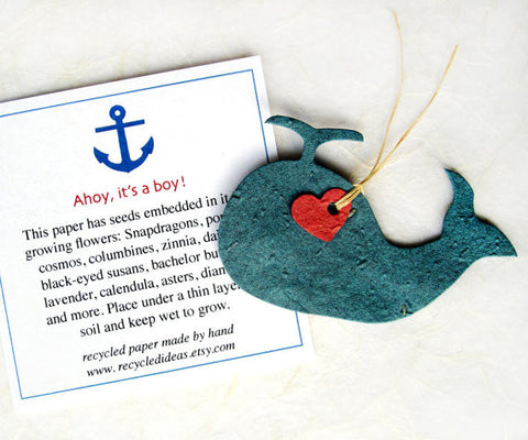 Recycled Ideas Favors plantable seed paper whale with heart and card