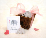 Recycled Ideas Favors plantable seed paper gray elephants with card, mini hearts, organza ribbon and plantable pot