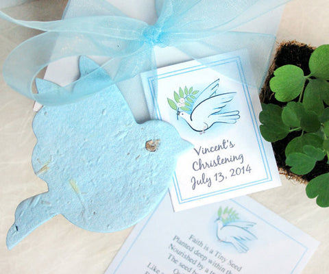Recycled Ideas Favors plantable paper light blue dove with pot, cards and gift box