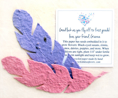Recycled Ideas Favors plantable paper feathers with card