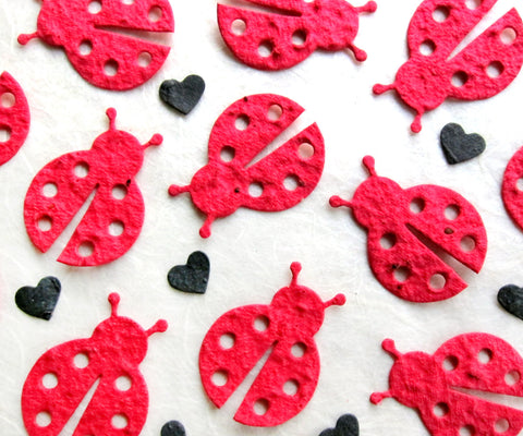 red seed paper ladybugs with black hearts