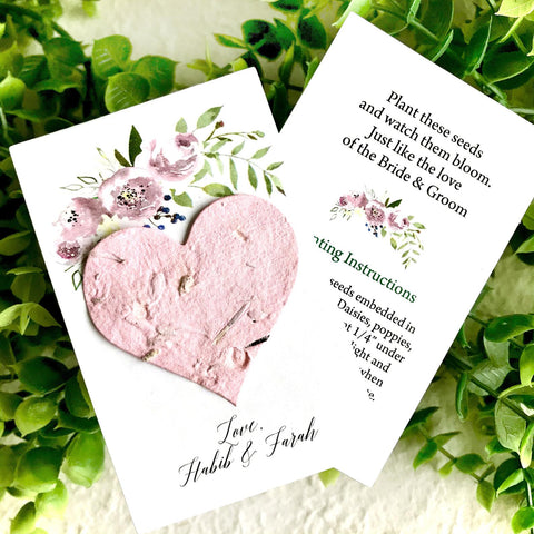 Personalized Seed Paper Wedding Favor Cards - Floral - Your choice plantable heart color