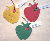 Recycled Ideas Favors plantable paper red, green and yellow apples with tied-on mini heart and tag