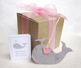 Recycled Ideas Favors plantable paper gray whale with pink mini heart, gift box and card