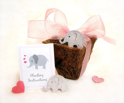 Recycled Ideas Favors plantable seed paper gray elephant with heart, card and biodegradable pot