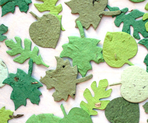 Recycled Ideas Favors plantable paper leaves in assorted greens