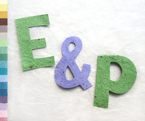 Recycled Ideas Favors plantable paper green E and P with lilac ampersand