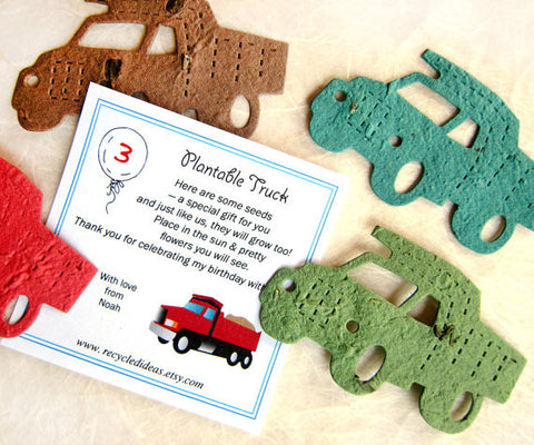 Recycled Ideas Favors Plantable Trucks - Birthday Construction Party Flower Seed Favors - Dump Trucks with Custom Cards Option