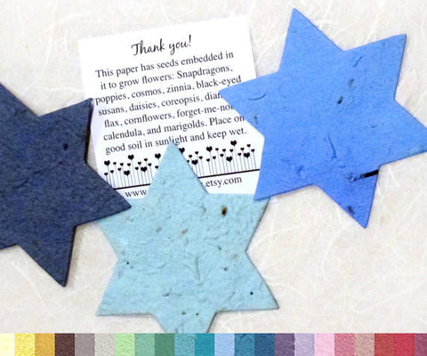 Recycled Ideas Favors plantable paper blue stars of David with card