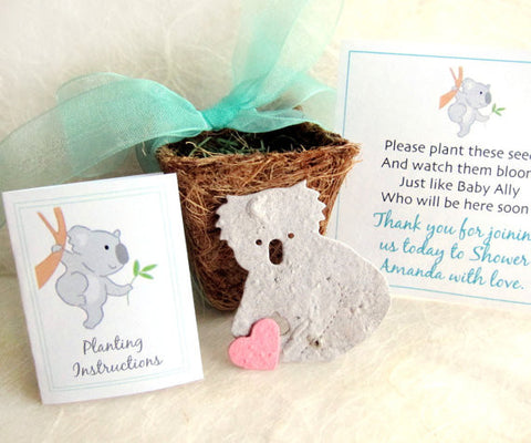 Recycled Ideas Favors plantable paper koala with cards, ribbon and plantable pot