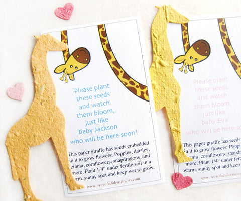 Recycled Ideas Favors plantable paper giraffes with mini hearts and cards